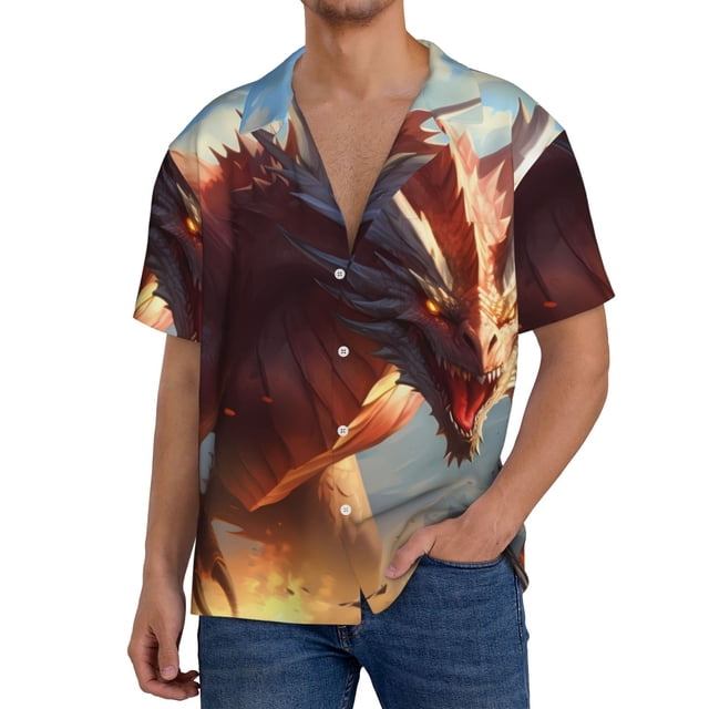 Balery Ferocious Dragon Fury Camisa Casual de Manga Corta con Botones para Hombre, Texturizada, Estilo Cubano, para Playa, Verano-Medium