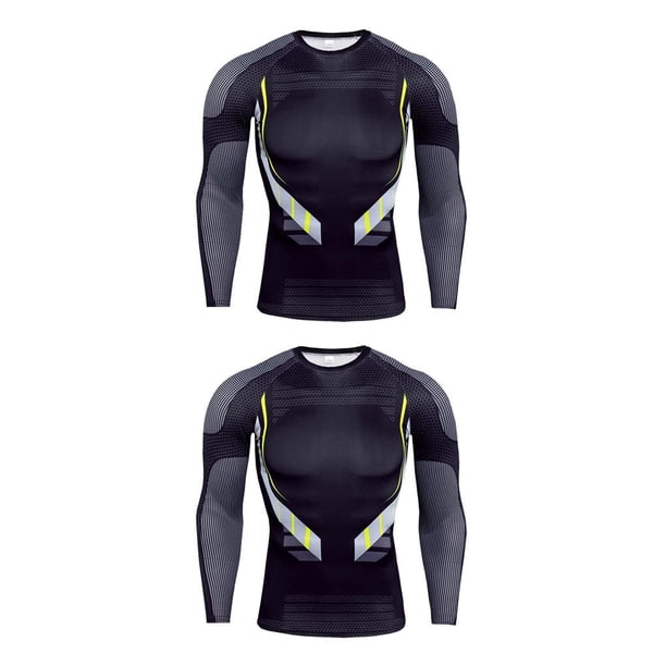 Jumpingount Camiseta de compresión para hombre, ropa deportiva de manga larga para gimnasio, Fitness, correr, ropa interior de entrenamiento de Negro 2piezas