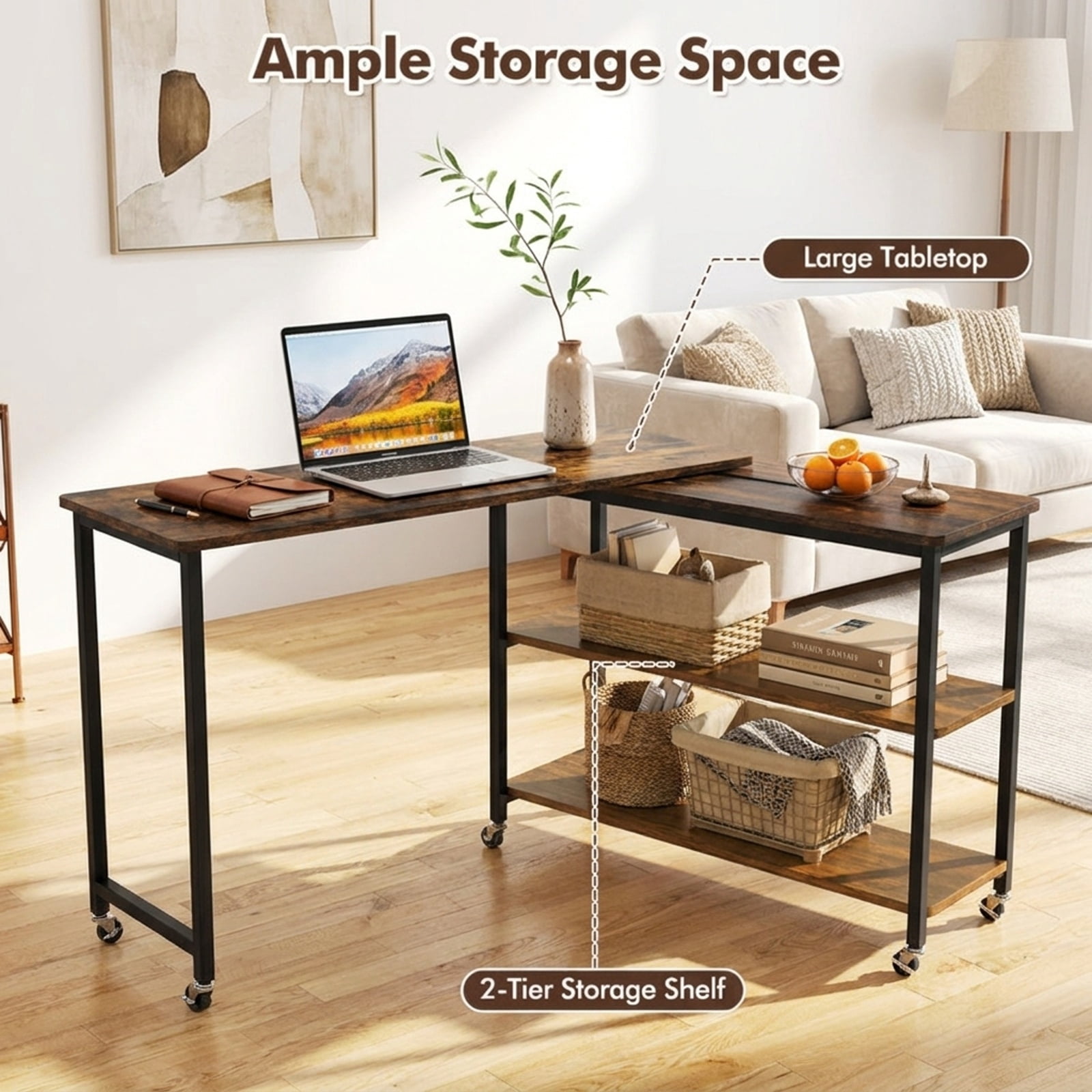 Furnibear Large 360 Degree Rotating Sofa Side Table with Lockable Wheels and Two Tier Storage Shelf for Living Room Office and Entryway, Rustic Brown