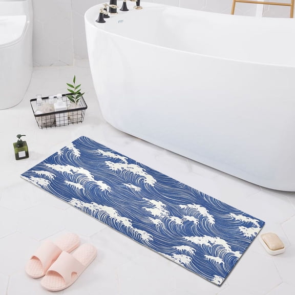 Blue White Wave Bath Mat 39x20 Non-Slip Bathroom Rugs Absorbent Soft Plush Quick Dry for Tub Shower Kitchen Home Decor