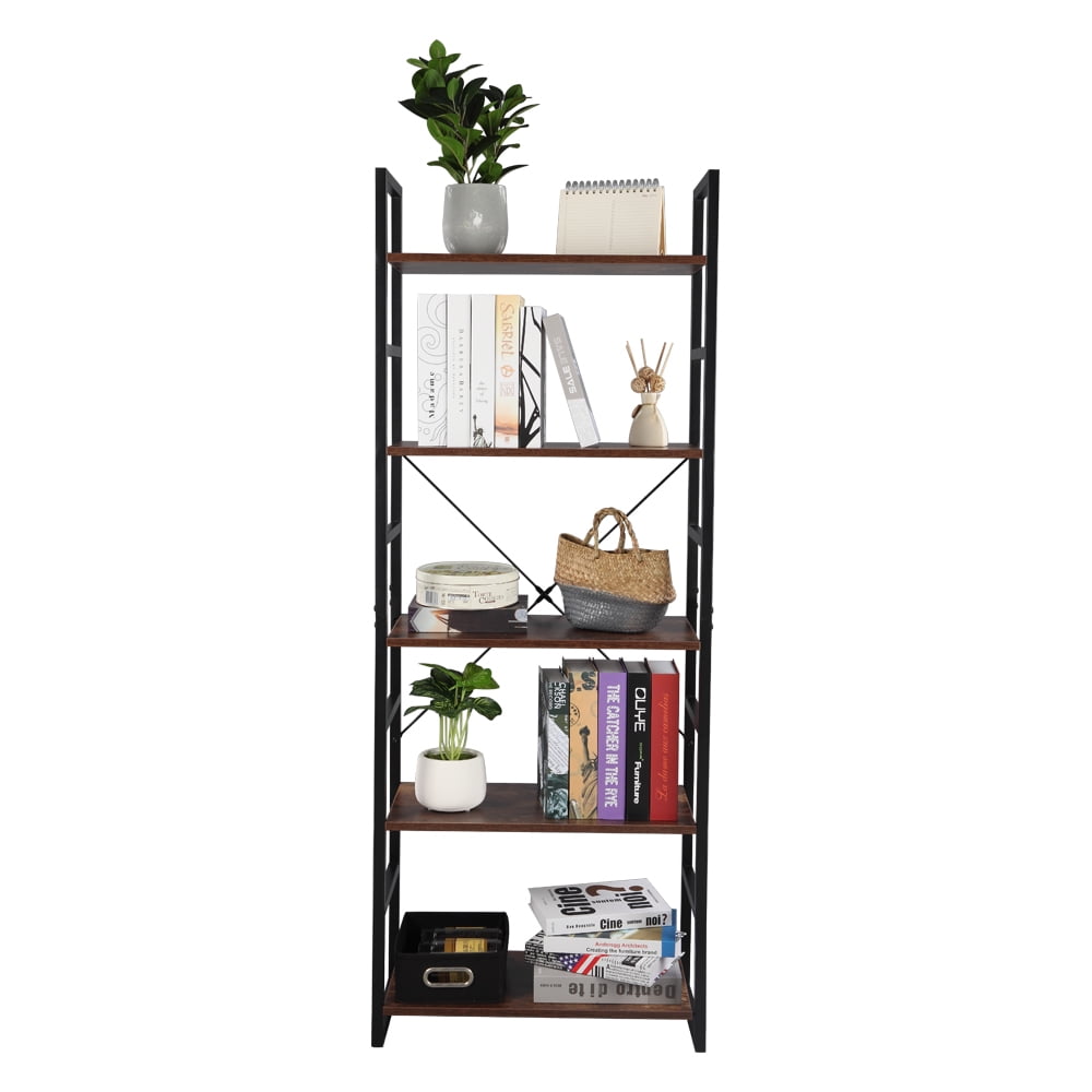 Kepooman 5-Tier Industrial Bookcase and Book Shelves, Vintage Wood and Metal Bookshelves, Retro Brown Kepooman 5-Tier Industrial Bookcase and Book Shelves, Vintage Wood and Metal Bookshelves, Retro Brown