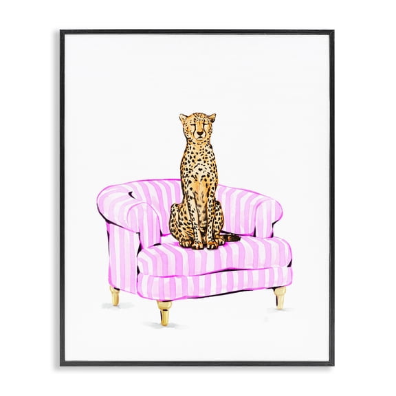 Cheetah on Pink Stripe Chair Black Framed Giclee Art, design by Ziwei Li