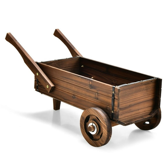 Topcobe Wooden Wagon Planter Box with Wheels Handles and Drainage Hole, Planters for Outdoor Plants, Raised Garden Beds Outdoor, Brown