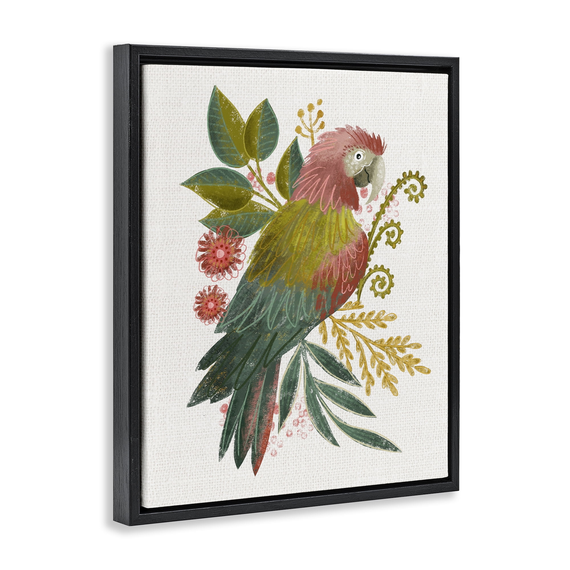 Stupell Industries Parrot with Eclectic Leaves Animals & Insects Painting Black Floater Framed Canvas Art Print Wall Art, 17 x 21