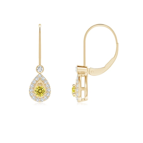 ANGARA Lab Grown Yellow Diamond Teardrop Halo Leverback Earrings for Women in 14K Yellow Gold (Size-2.6mm| Clarity-VS) | Anniversary, Jewelry Gift for Women | Lab-Grown Yellow Diamond Earrings
