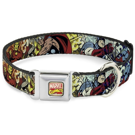 Marvel Comics Pet Collar, Dog Collar Metal Seatbelt Buckle, Superhero Action Poses Comic Scenes White Black Splatter, 9.5 to 13 Inches 1.0 Inch Wide