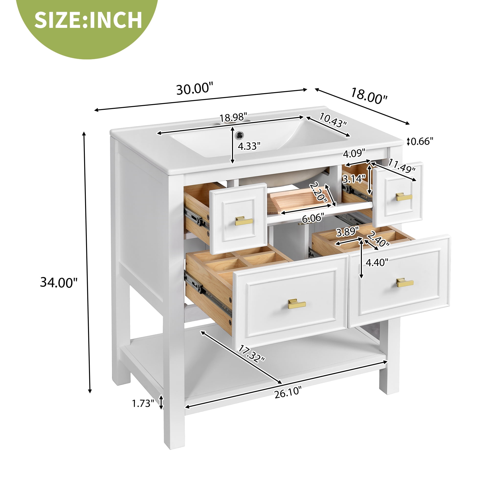 Euroco Bathroom Vanity with Sink – 5-Drawer MDF Cabinet with Concealed Storage and Pre-Drilled Three-Hole Basin
