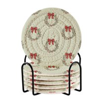 6 Pcs Drink Coasters with Holder 3.94in Woven Coasters for Drinks Christmas Wreaths and Red Bows Coaster Set for Protection Table