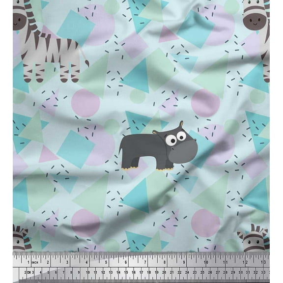 Soimoi Blue Cotton Duck Fabric Geometric Shapes,Wild Animal & Hippopotamus Kids Decor Fabric Printed BTY 42 Inch Wide
