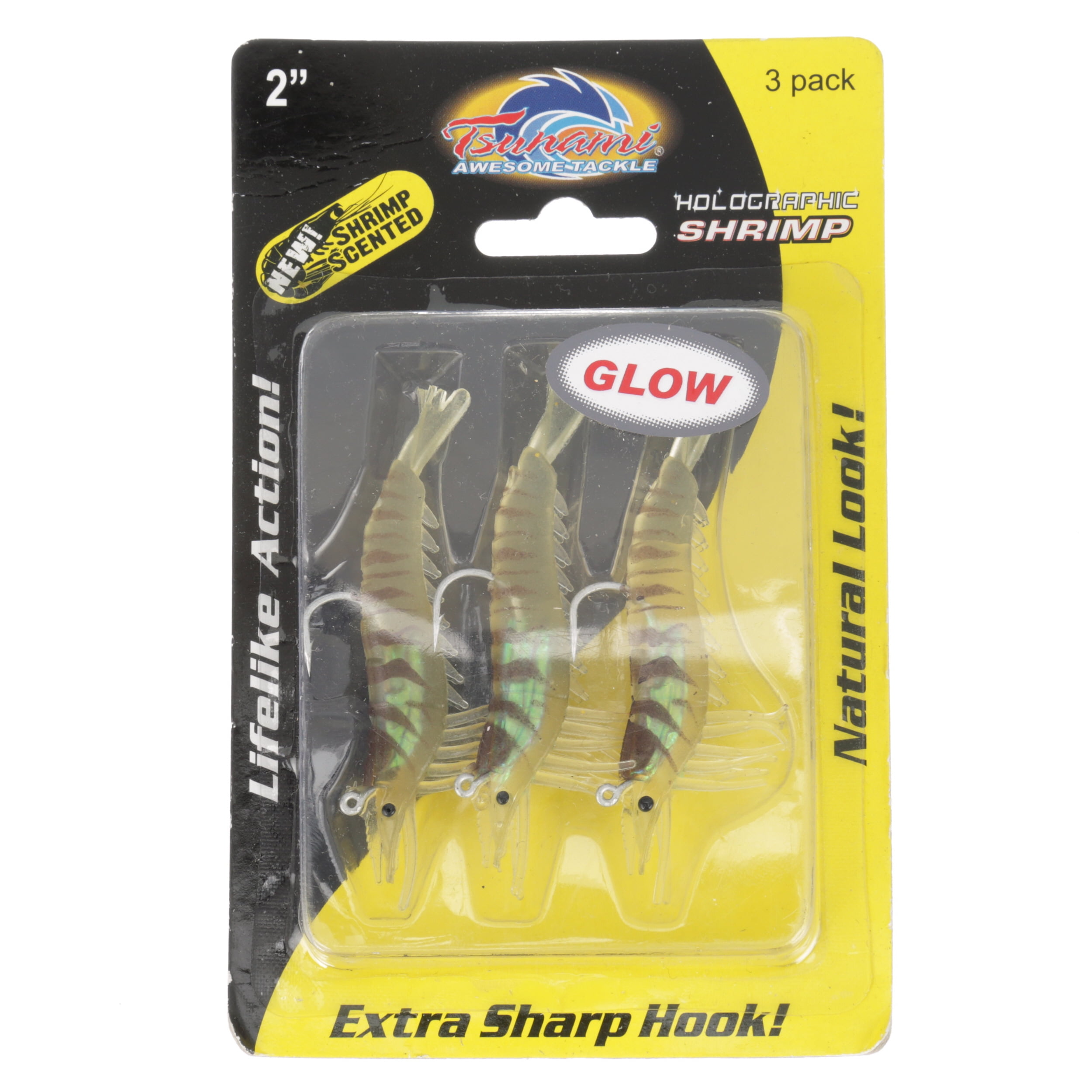 Tsunami 2" Shrimp Softbait, Glow Tiger, 3 Count