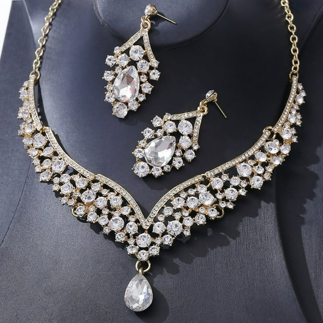 Crystal Jewelry Set Rhinestone Choker Necklace Teardrop Jewelry Suit for Women
