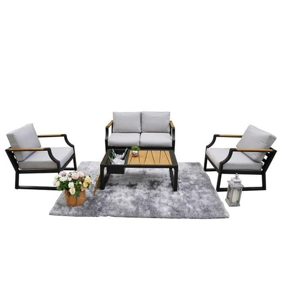 Direct Wicker PAS-2105-Black 4 Piece Outdoor Black Iron Conversational Sofa Set with Gray Cushions and Drink Cooler (Double-seat Sofa)
