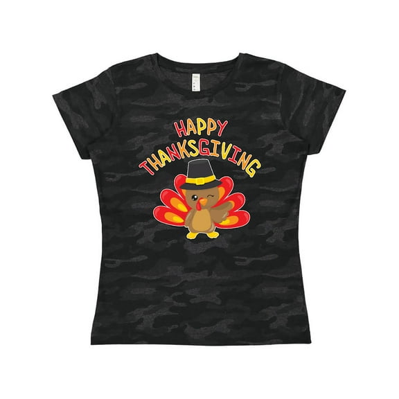 Inktastic Happy Thanksgiving- cute turkey in pilgrim hat Women's T-Shirt