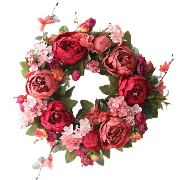 Corona de puerta delantera, coronas de primavera de flores de peonía de 15,7 pulgadas para puerta de entrada exterior, corona de brotes florales de verano para boda
