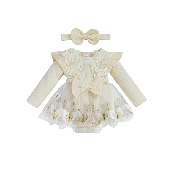 Newborn Baby Girl Lace Romper Dress Embroidery Butterfly Long Sleeve Ruffle Mesh Tutu Dress 3 6 12 18 Months Cute Jumpsuits with Headband