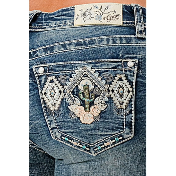 Grace in LA Women's Aztec Floral Cactus Embellished Bootcut Stretch Jeans (25, Blue Stonewashed)