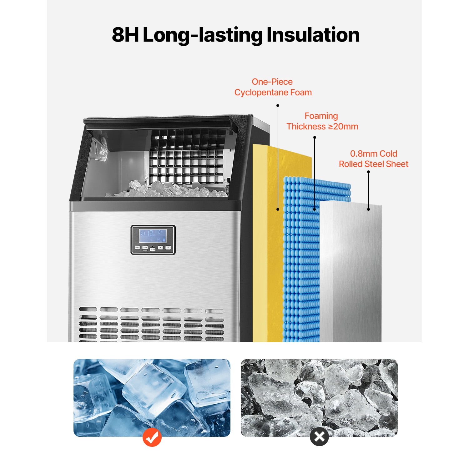KFFKFF 140lbs/24H Commercial Ice Maker Machine Stainless Steel 45Cubes with 33lbs Storage Bins Under Counter ice Machine 18.31 in W, 35in H with Auto Clean