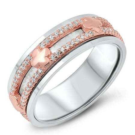 Rose Gold-Tone White CZ Clover Spinner Wedding Ring ( Sizes 5 6 7 8 9 10 11 12 ) Sterling Silver Band Rings by Sac Silver (Size 6)