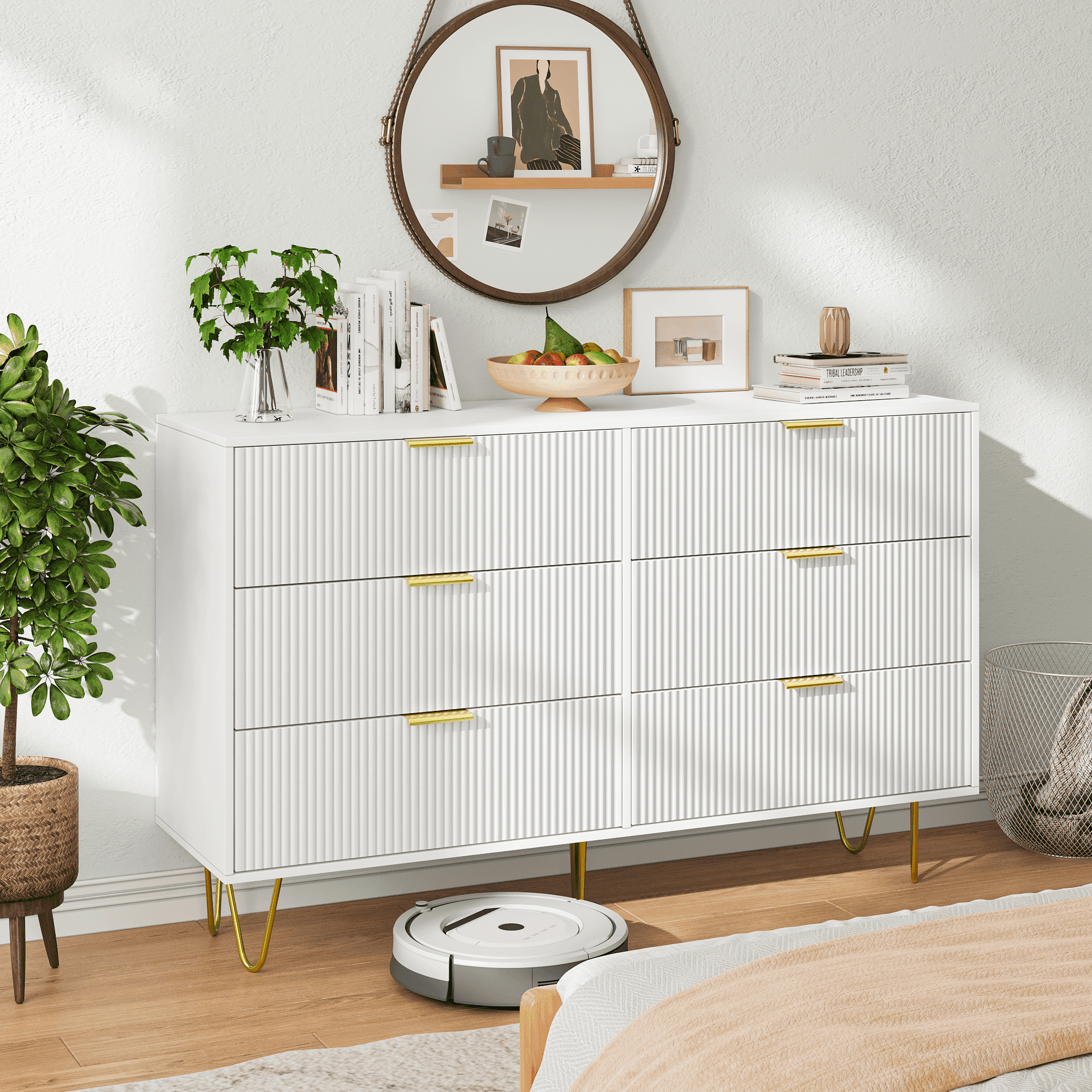 Kadyn 6 Drawer Cabinet, Chest of Drawers for Bedroom, Dressers with Gold Handles, White Kadyn 6 Drawer Cabinet, Chest of Drawers for Bedroom, Dressers with Gold Handles, White