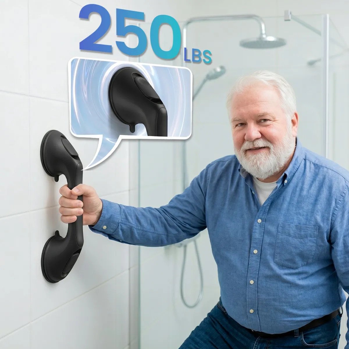 Suction Shower Grab Bar, 16 Inch No Drill Bathroom Safety Handrail, 250 LBS Heavy Duty Suction Cup Bath Handle for Bathtub Toilet, Anti-Slip Portable Shower Assist Bar