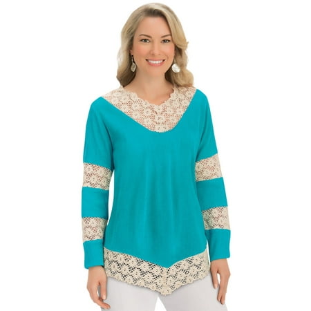 - Women's Crochet Lace Trim Long Sleeve Woven Gauze V-Neck Tunic Top Shirt, Xx-Large, Turquoise