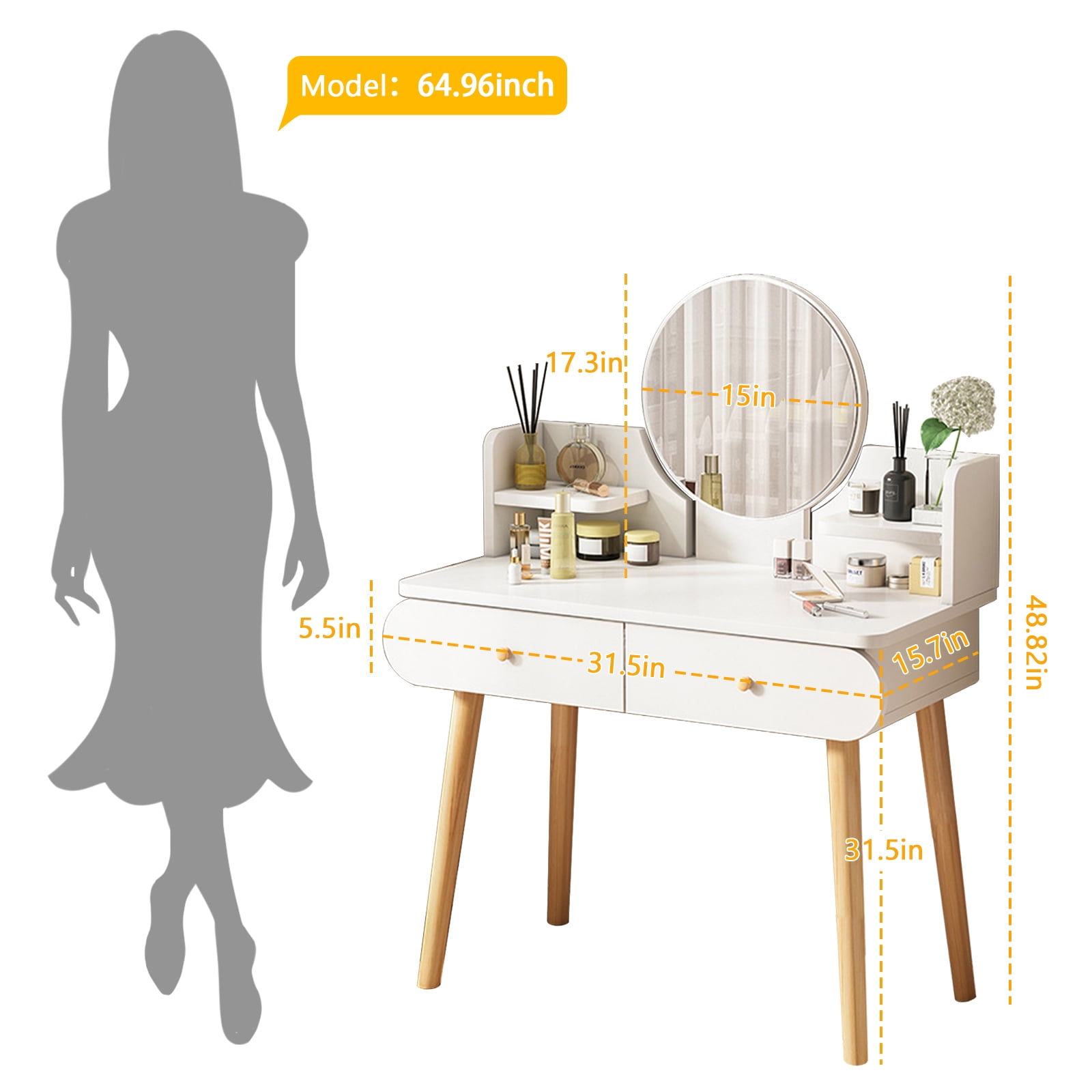 RICHYOUNG Vanity Table Set with Mirror, Makeup Table with 2 Large-Drawer for Bedroom, White(Without Stool)
