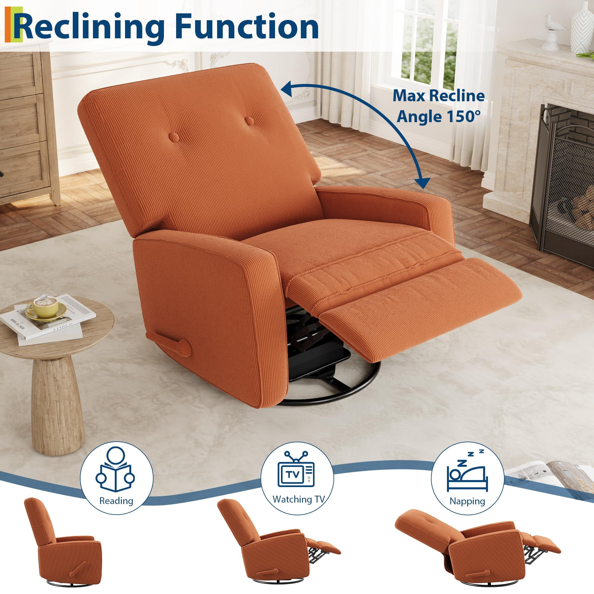 Modern Swivel Glider Recliner for Nursery & Small Spaces 360° Rocking Chair with Adjustable Lumbar Support & Footrest | Corduroy Upholstery for Apartment Living Room & Bedroom
