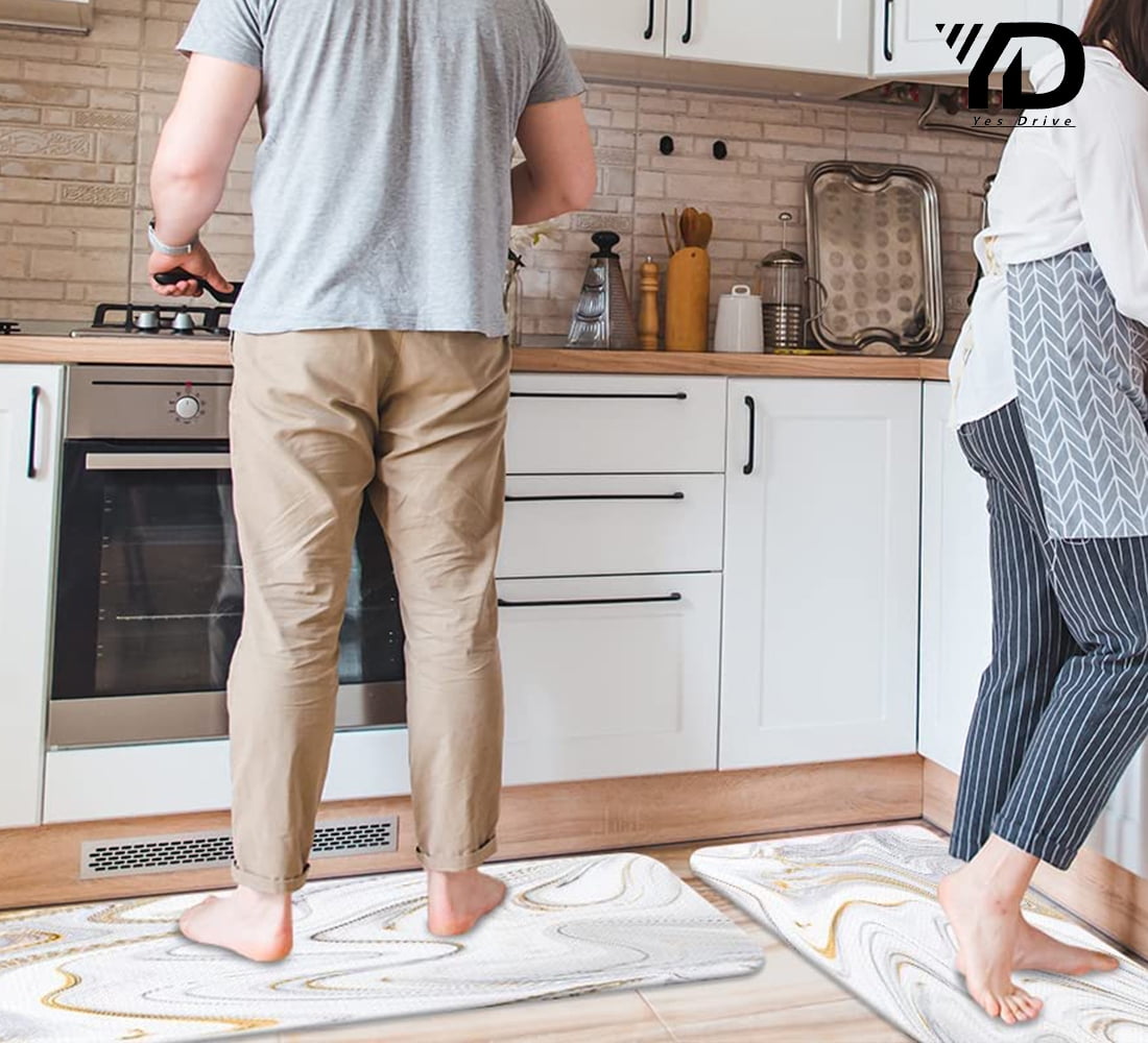 Anti Fatigue Kitchen Rug for Floor White Marble Non Skid Waterproof