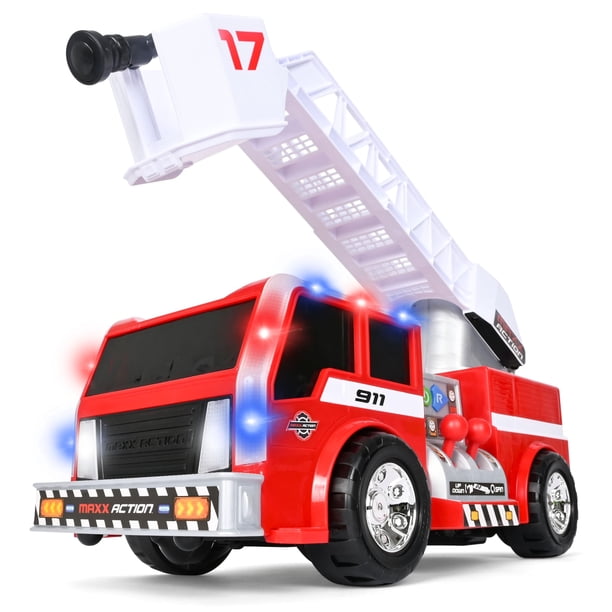Camión de bomberos Maxx Action 2-N-1 con controles de joystick, luces, sonidos de sirena, movimiento motorizado y escalera giratoria 360 - Vehículo de juguete de rescate de 16 pulgadas para niños