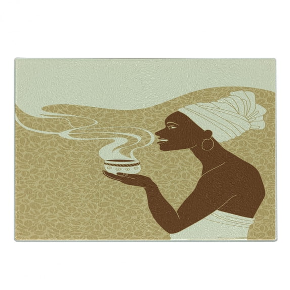 African Cutting Board, Smiling Happy Afro Lady with Hot Coffee Cup Cocoa Vintage, Decorative Tempered Glass Cutting and Serving Board, Small Size, Brown Pale Brown Cream, by Ambesonne