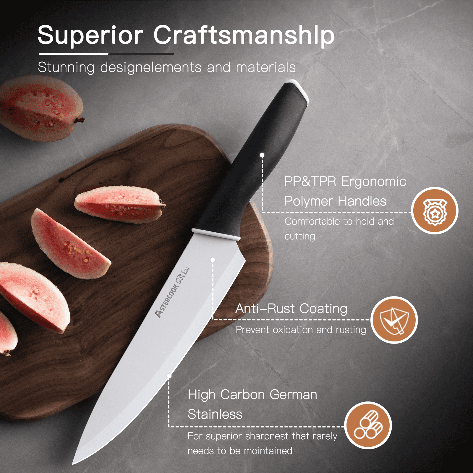 Astercook Knife Set, 14 Pieces Kitchen Knives Set with Healthy Anti-Rust Coating, Stainless Steel Knife Sets with Built-in Sharpener, Sharp & Rust Resistant Dishwasher Safe Elegant Black
