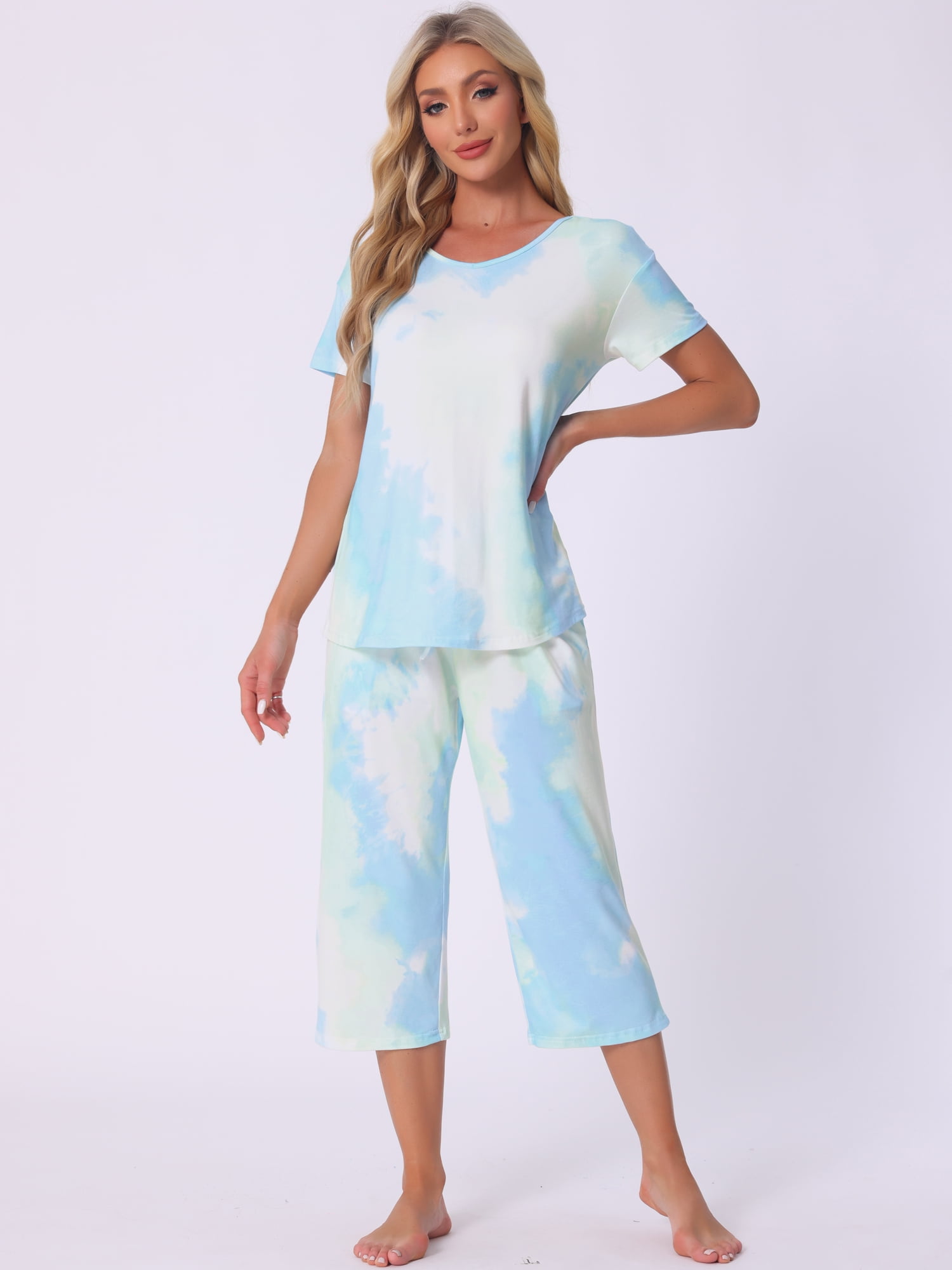 DARING DIVA Women's Short Sleeve Tie Dye Capri Pants with Pockets Loungewear S Green