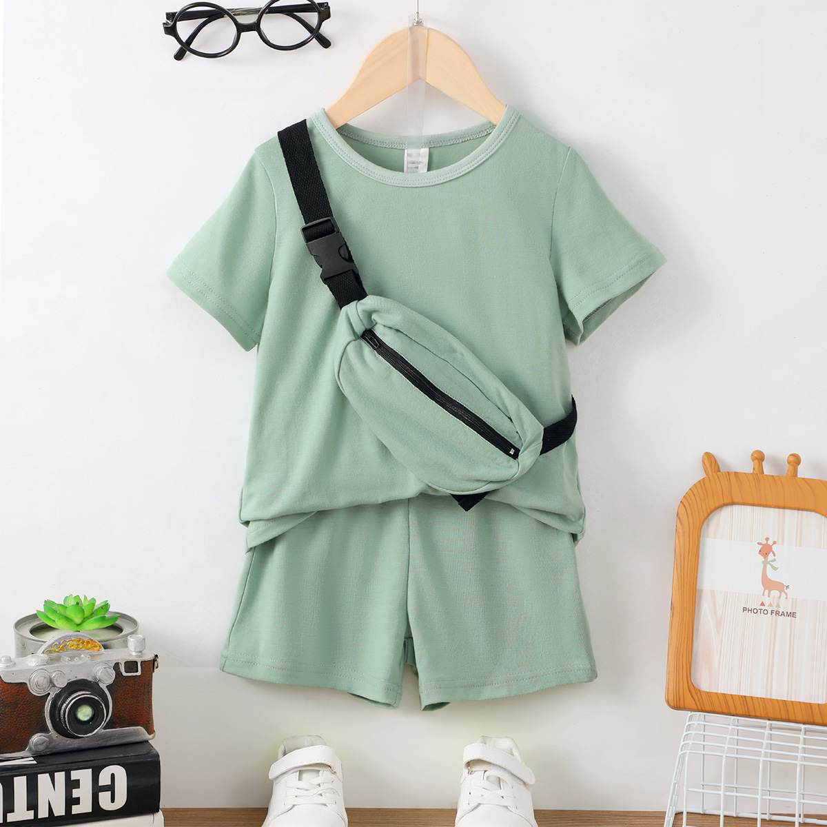 Little Boys Summer Clothes Boys OOTD Solid Color 6 Years Boys Shirt 7 Years Boys Elatsic Shorts With Satchel 3Pcs Outfits Green