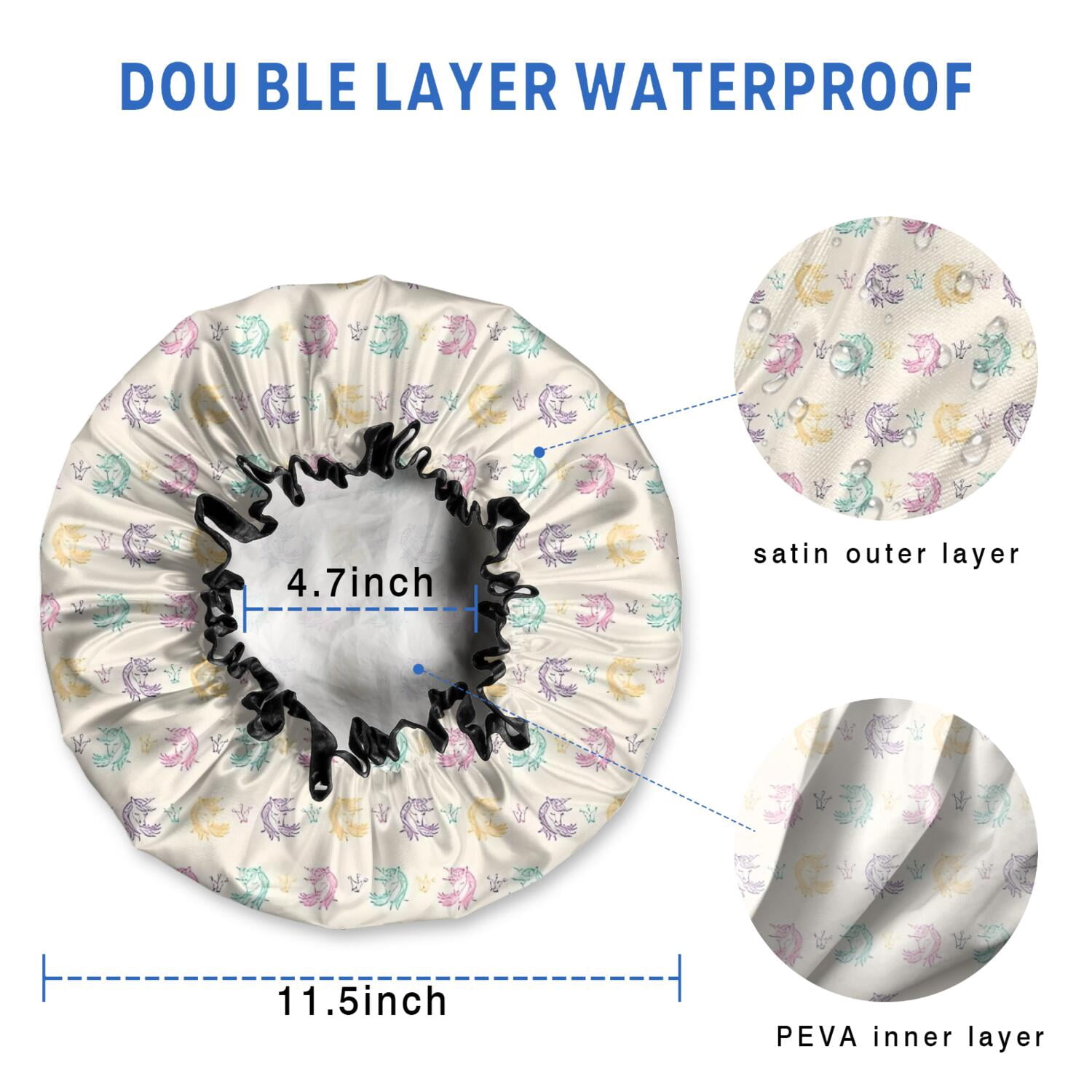 Shower Caps,Pastel Unicorn Pattern Waterproof Shower Cap for Women 4 Pieces,Double Reusable Hair Cover for Shower PEVA Elastic Stretch Hem