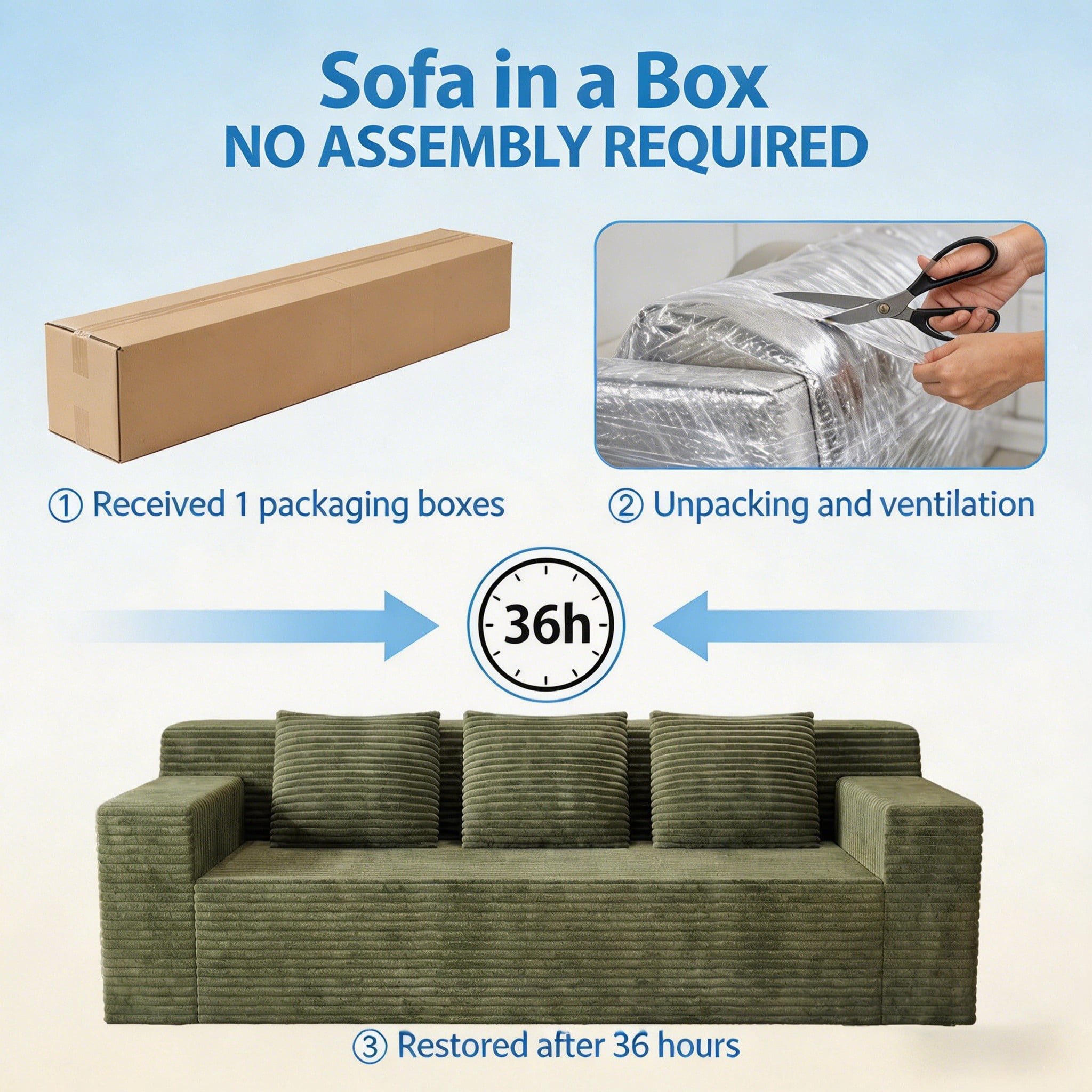 Modern 71" Corduroy Sofa, No Assembly Deep Seat Couch in a Box for Living Room, Green