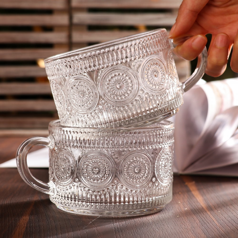 Glass Stackable Coffee Cup Vintage Glass Mugs Set of 4, 14 oz Glass for  Coffee, Latte, Cereal, Yogurt, Clear Breakfast Cups with Handle for Hot or  ...
