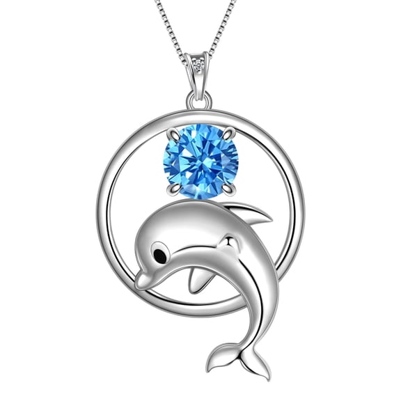 Juwaliy 925 Sterling Silver Cute Dolphin Necklace for Women,March Birthstone Blue Aquamarine Mom Pendant Sea Animal Jewelry Birthday Gift for Daughter