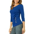thumbnail image 4 of INSPIRE CHIC Women's Ruched Blouse Button Decor V Neck 3/4 Sleeve Solid Knit Top L Royal Blue, 4 of 7