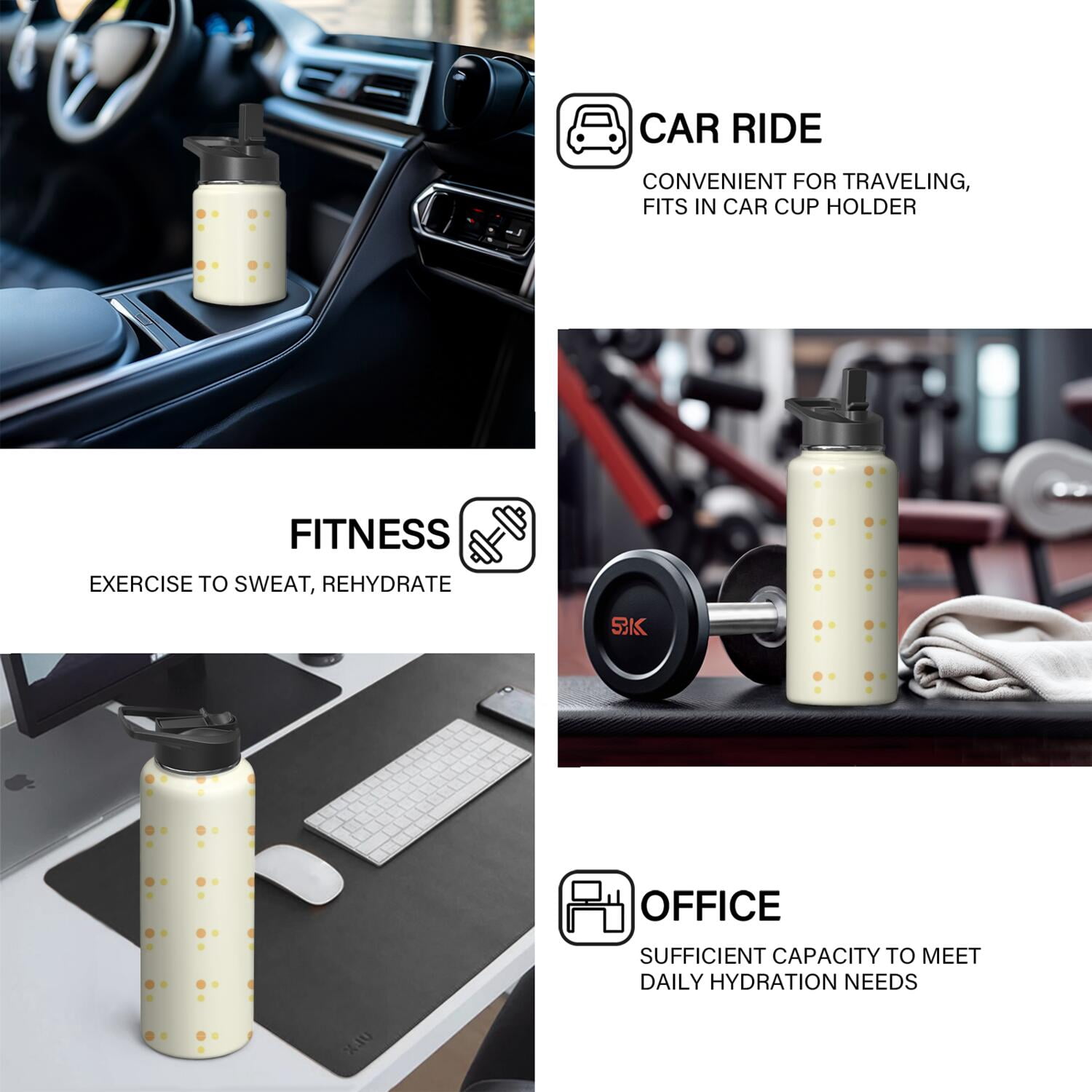 Modern 18 oz Insulated Stainless Steel Water Bottle with Straw & Cleaning Brush , Leakproof, BPA-Free, 304 Stainless Steel, Wide Mouth, Travel Mug for Car, Gym, Office