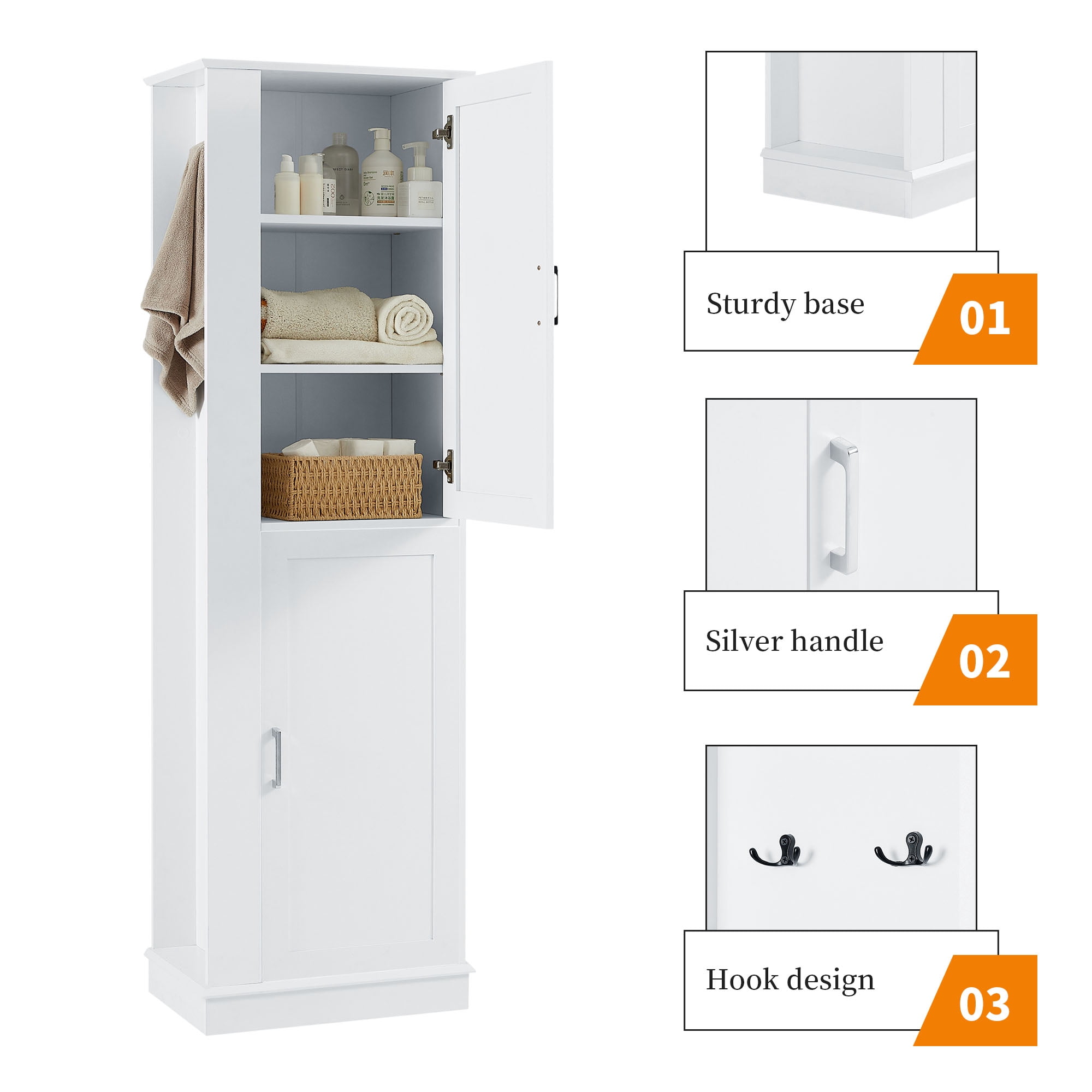 Harper & Bright Designs Tall Bathroom Storage Cabinet Doors and Hook, Modern Freestanding Cabinet with Adjustable Shelves for Bathroom, White