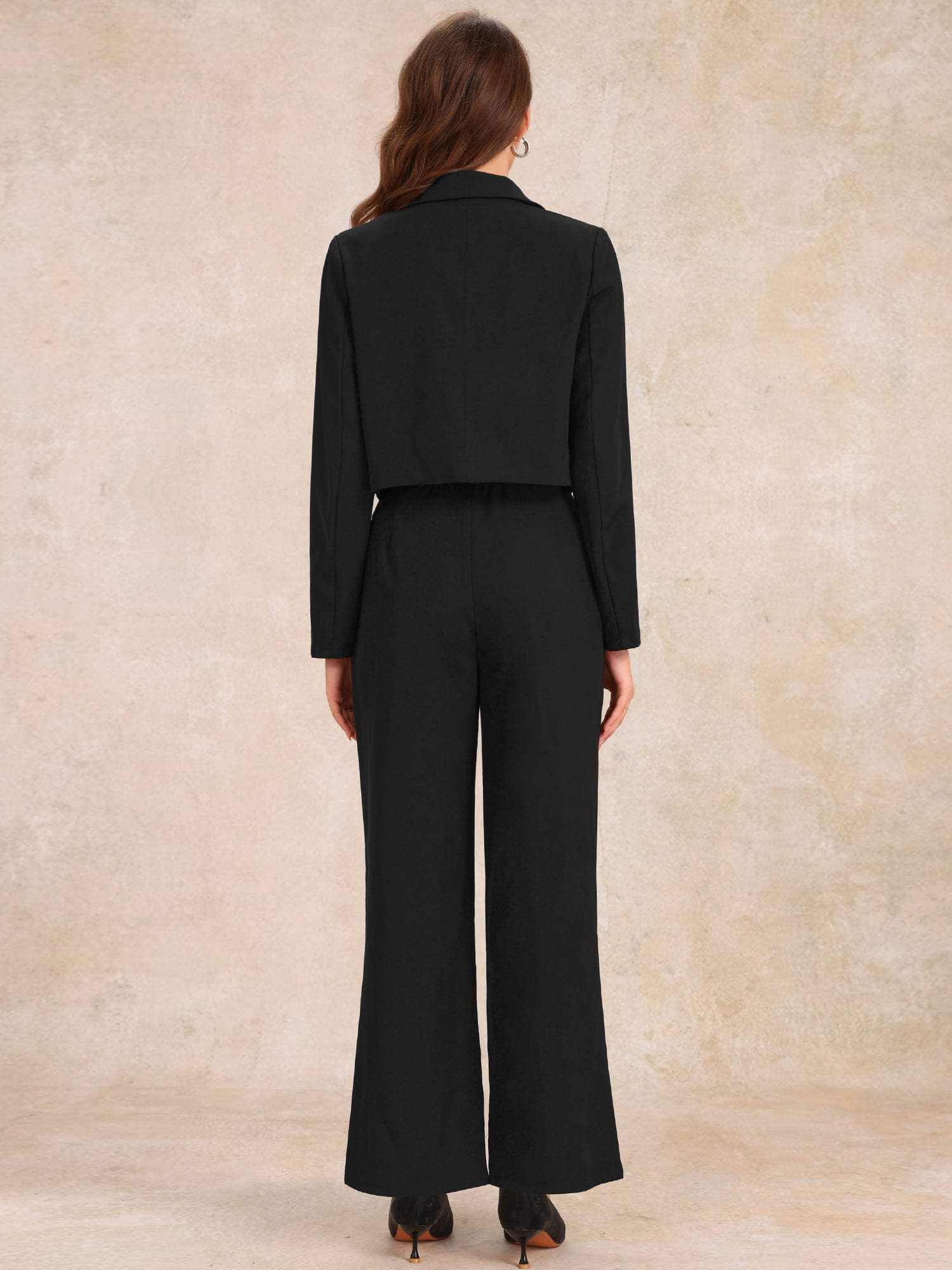 DARING DIVA Women's 2 Pcs Notched Lapel Jacket Wide Leg Pant L Black