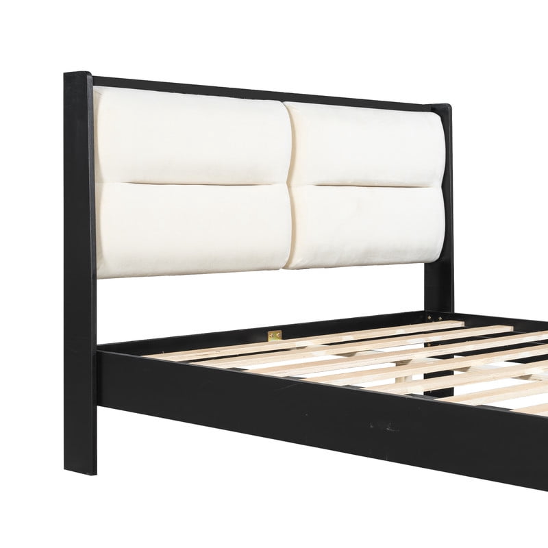Wooden Queen Size Platform Bed with Velvet Upholstered Headboard, Low-Profile Bed Frame with Slat Support No Box Spring Needed