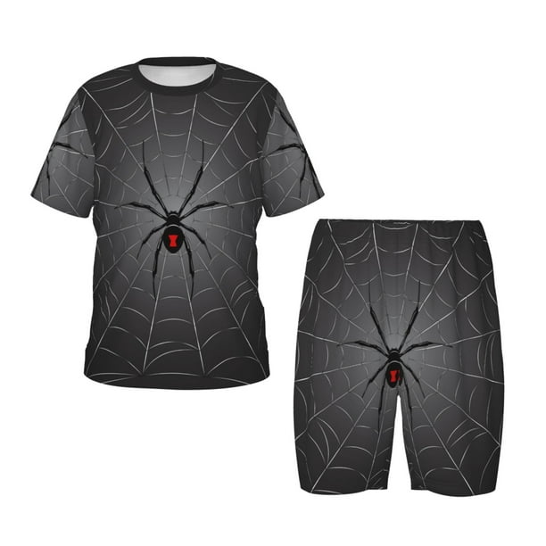 Fotbe Black Spider On Web Pijama Estampada de 2 Piezas para Niños – Ropa de Dormir de Manga Corta Cómoda para Niños y Niñas, Camiseta y Shorts de Algodón-Small