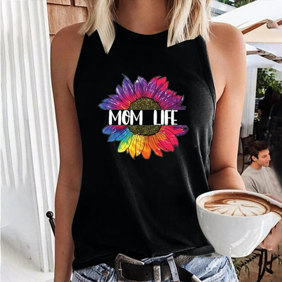 Meichang Mom Life Tank Tops Women Funny Sunflower Graphic T Shirts Cute Crew Neck Sleeveless Mother's Day Vest Tops Loose Casual Athletic Workout Tees Black XXL