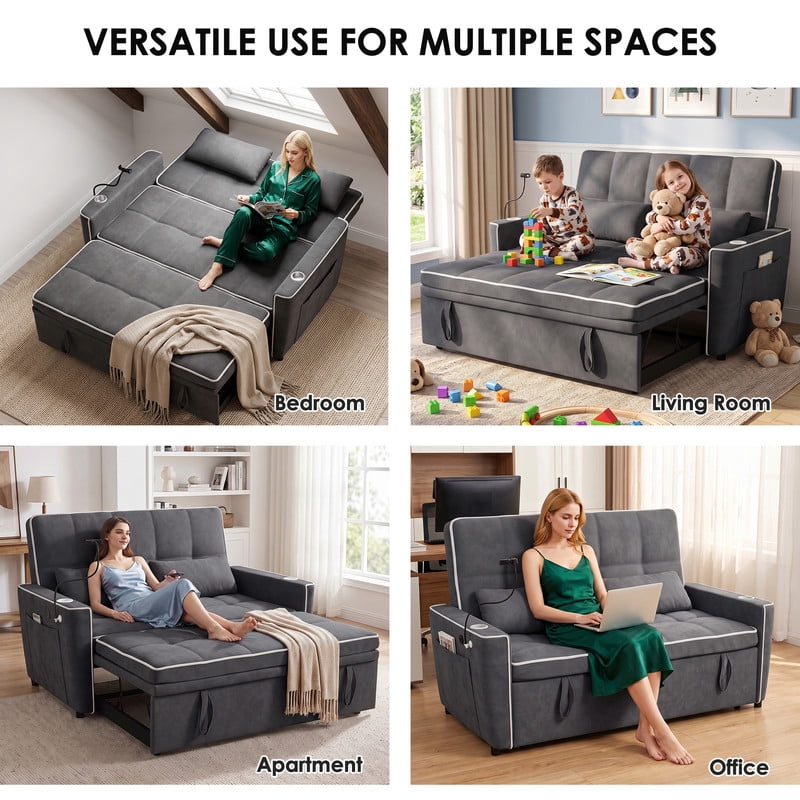 Anpport 54" 3‑in‑1 Convertible Sleeper Sofa Bed, Loveseat with White Trim, USB Charging Port, Phone Stand, 2 Cup Holders and 2 Pillows for Living Room, Bedroom and Apartment, Dark Gray