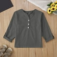 thumbnail image 2 of fatyb Boys Girls Cotton Linen Shirts Long Sleeve Blouses Button V Neck Tshirts Lightweight Plain Tee Tops, 2 of 4