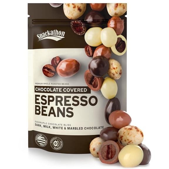 Snackathon Chocolate Covered Espresso Beans, 4 Chocolate Blend (Dark, Milk, White, Marbled), Bulk 1 lb