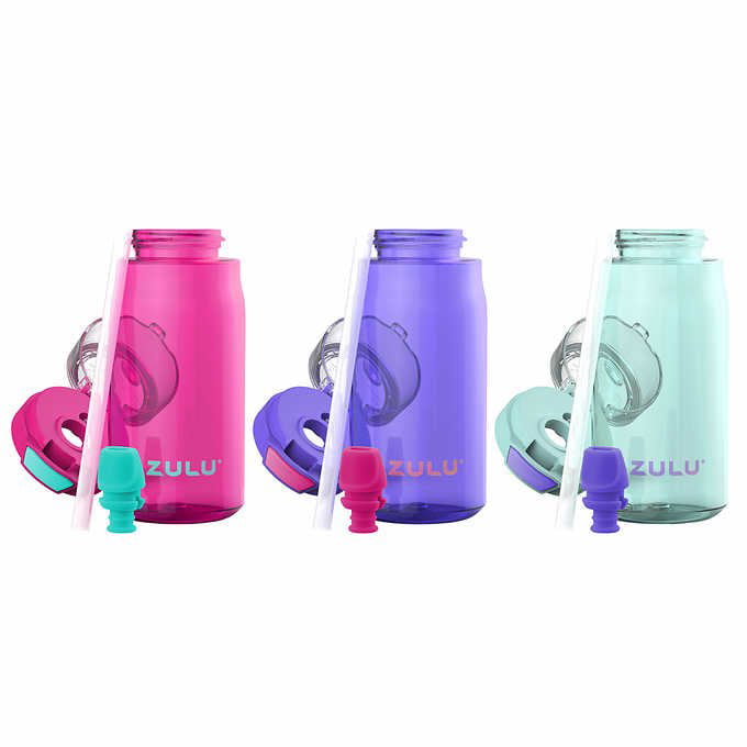 "Zulu" Kids Water Bottels Flex Tritan Plastic 16oz Water Bottle Set 3-pack Sets 