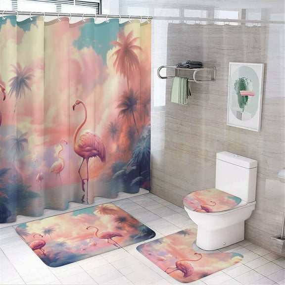Flamingo Flower Tropical Shower Curtain Set 4PCs with Hooks Waterproof Bathroom Toilet Mat Lid Decor