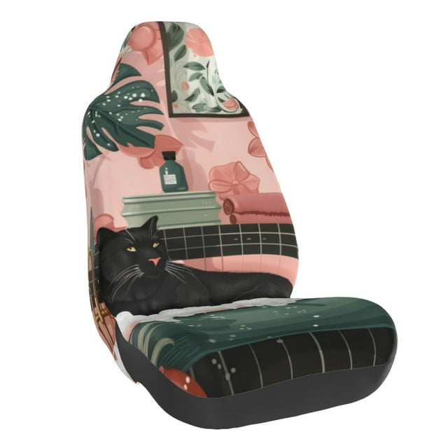 Wukai Black Cat Pink Bathroom Full Set Car Seat Covers with Soft Padding Universal Auto Front Seats Protector and Cushion Mat
